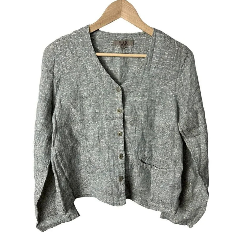Flax Set Green Long Sleeve Button Jacket & Short Sleeve Top Size P Linen Vintage